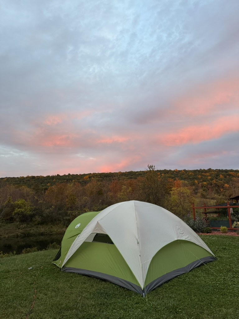example campsite, tent at sunset
