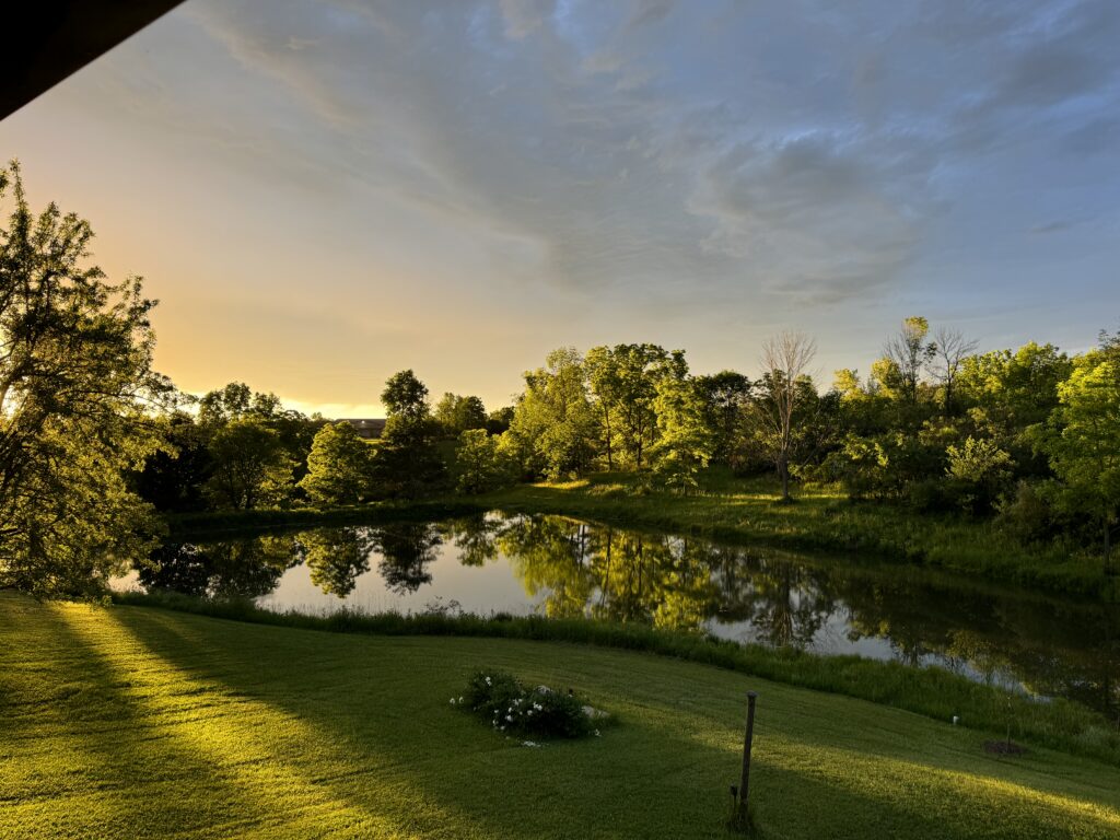 late summer large pond at sunset