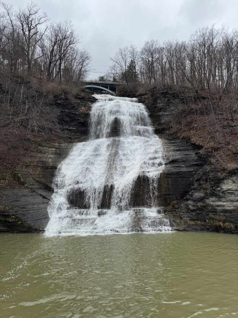Shequaga Falls in spring, turbid green water in the foreground and the falls cascading over shale behind, Montour Falls NY