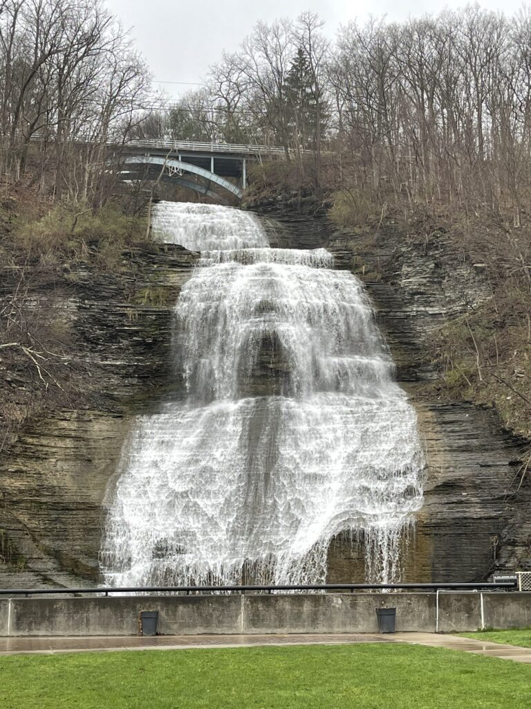 Shequaga Falls in heavy spring flow, flat lawn viewing area and concrete barrier in the foreground, leafless trees and a bridge at the crest, Montour Falls NY